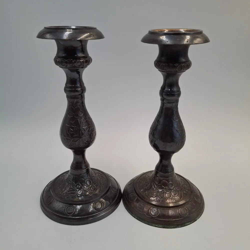 Vintage Embossed Brass Candlestick Holders Floral Carved Taper Candle Stand Pair